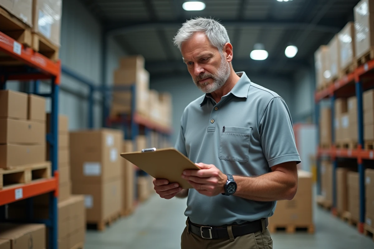 Homme vérifiant des articles dans un entrepôt industriel