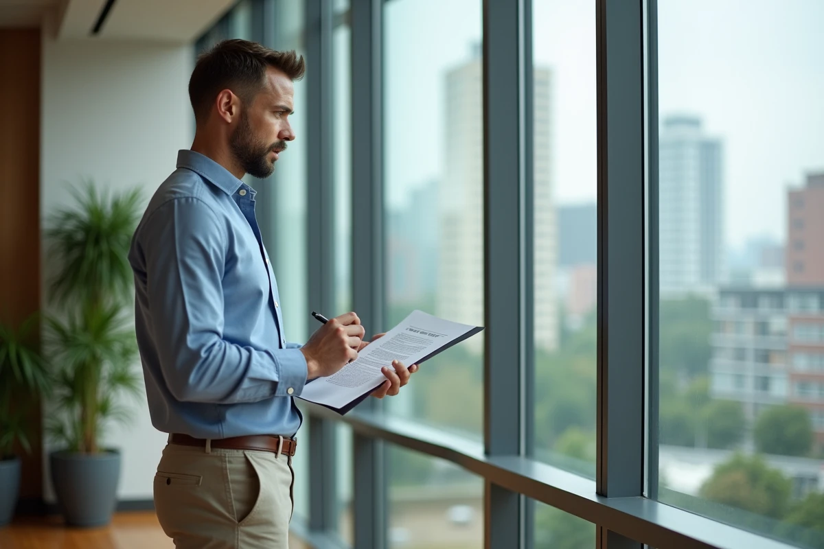 Homme en r&eacute;union examinant un contrat pr&egrave;s d