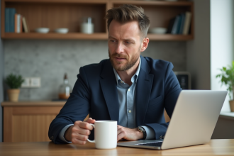 Homme d'affaires vérifiant des graphiques en cuisine moderne