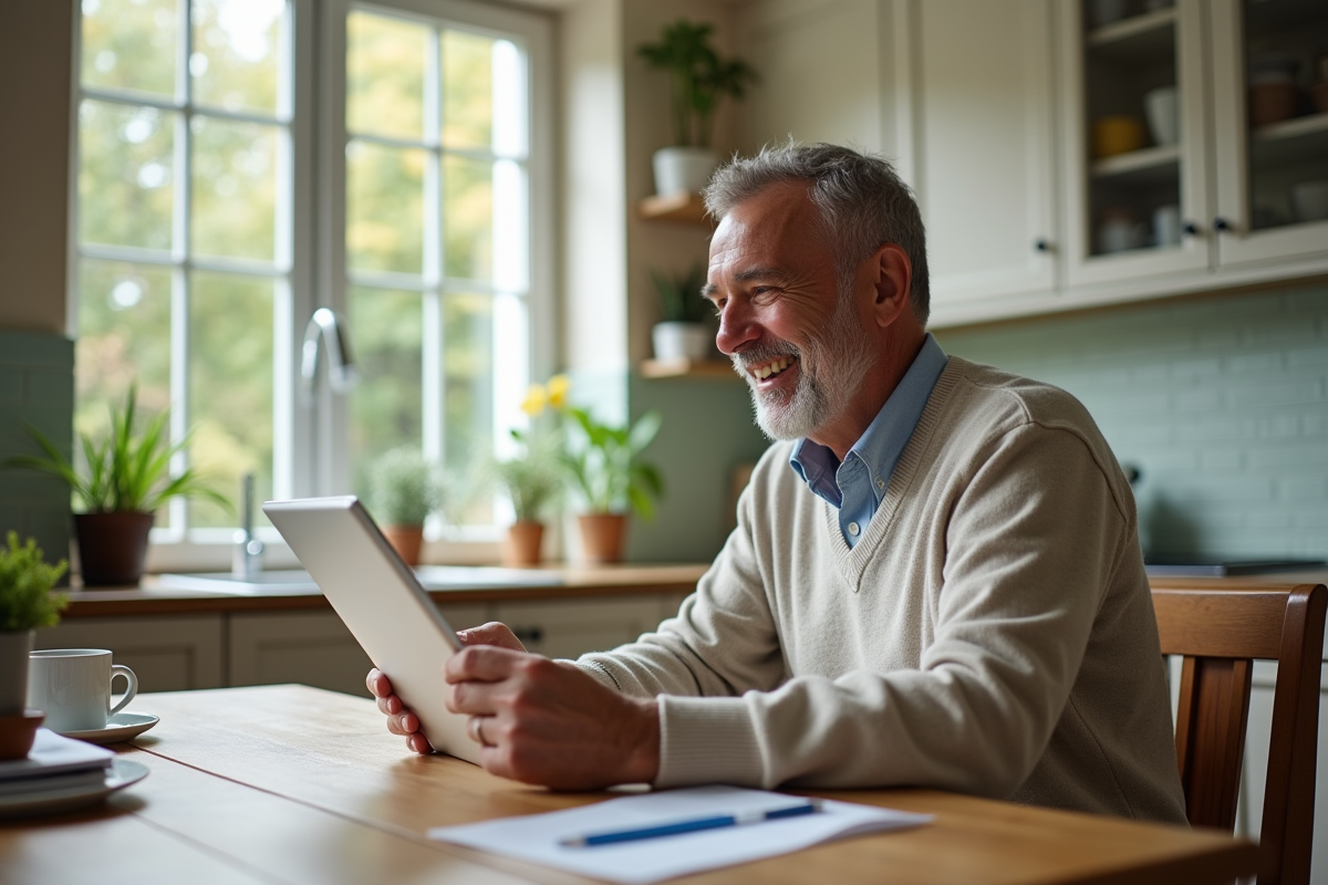 Homme souriant utilisant une tablette à la maison