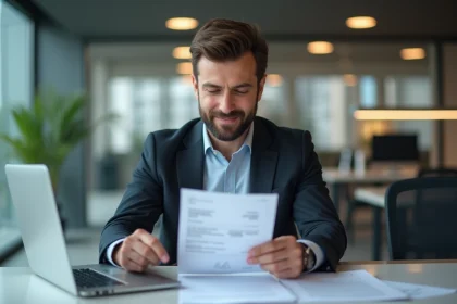 Homme d'affaires examine sa fiche de paie au bureau