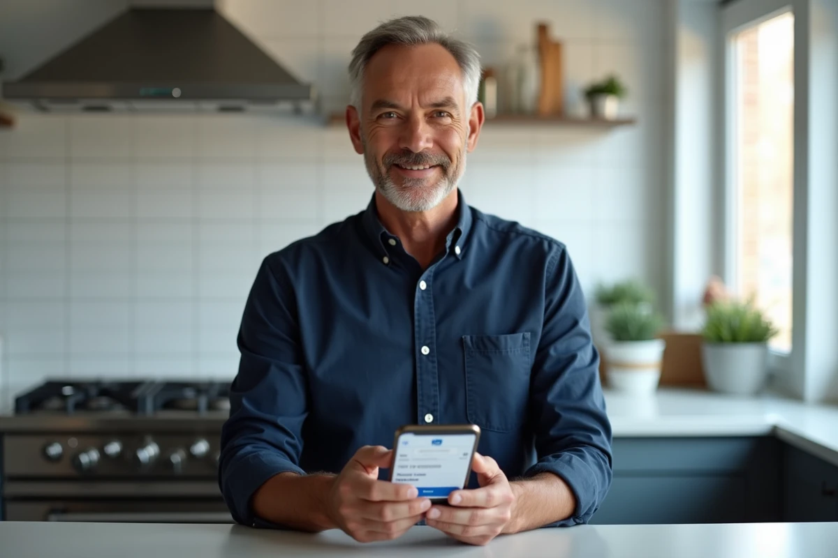 Homme effectuant un paiement PayPal depuis son smartphone dans une cuisine moderne
