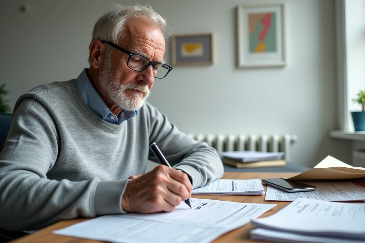 Homme âgé transcrivant des chiffres sur un formulaire d