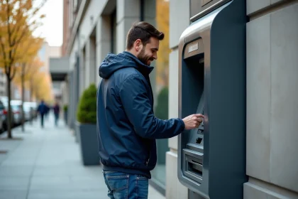 Homme décontracté retire de l'argent à un distributeur en ville