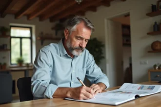 Homme d'âge moyen examinant des documents dans une cuisine