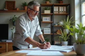 Homme d'âge moyen examinant des plans de rénovation