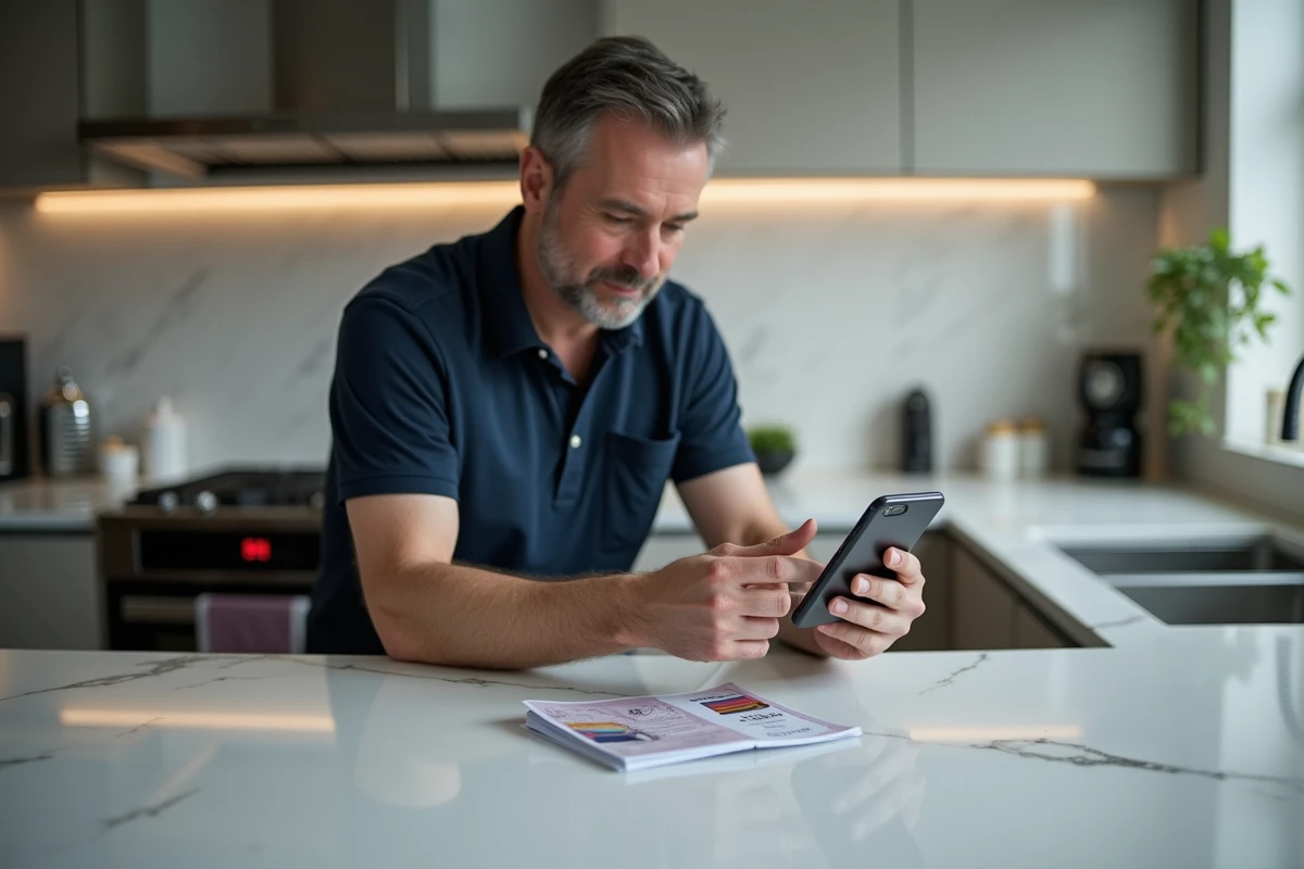 Homme scannant un chèque Cadhoc avec son smartphone dans une cuisine moderne