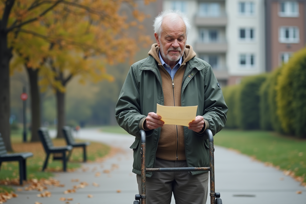 Homme senior avec aide à mobilité dans un parc urbain