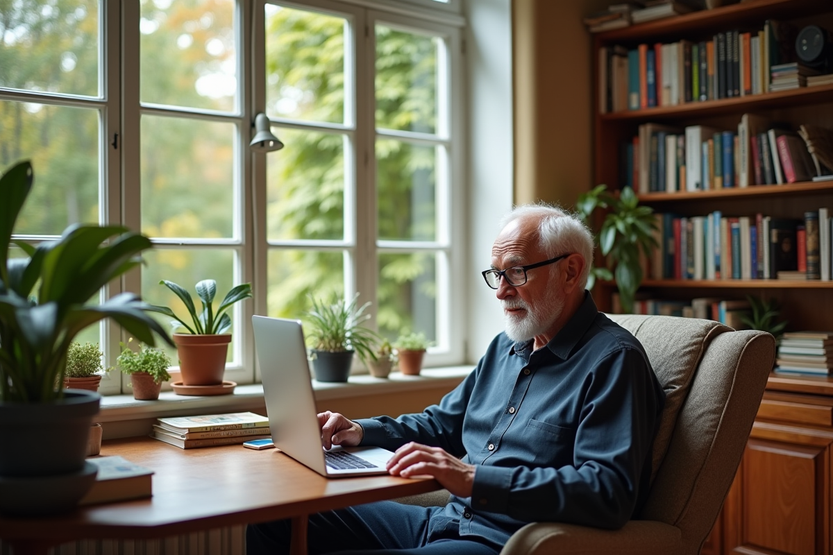 Homme senior travaillant sur un ordinateur portable à la maison avec souvenirs de voyage