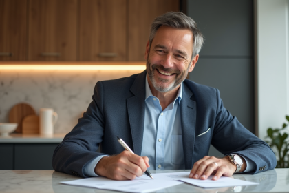 Homme d'âge moyen signant un contrat immobilier dans une cuisine moderne