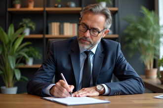Homme d'âge moyen signant un document dans un bureau moderne