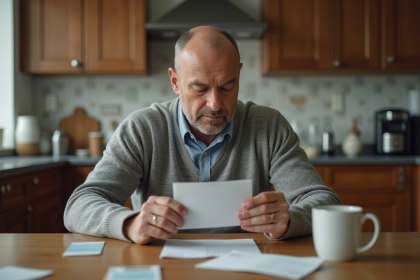 Homme d'âge moyen examine sa nouvelle carte bancaire à la maison
