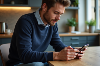 Homme français examine une application bancaire sur son smartphone