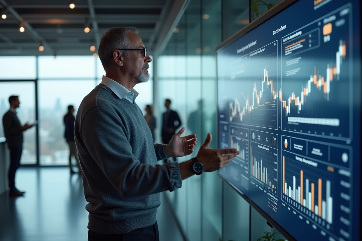 Homme en business casual expliquant des stratégies devant un écran interactif