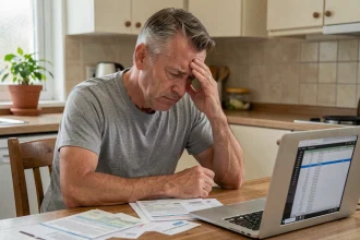 Homme stressé face à des relevés bancaires et documents de crédit sur une table de cuisine, illustrant le risque de surendettement