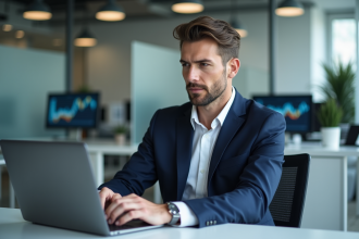 Homme en costume dans un bureau moderne avec ordinateur