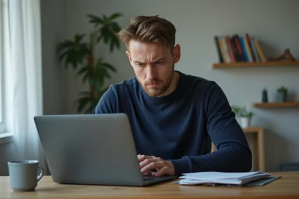 Homme suspicieux lisant un faux mail sur son ordinateur portable dans un bureau à domicile