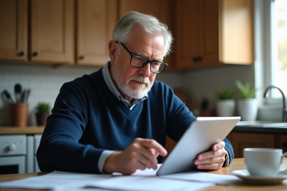 Homme âgé utilisant une tablette dans sa cuisine