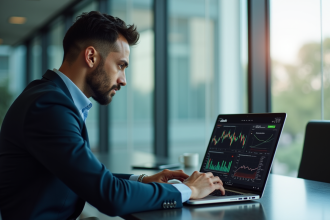 Investisseur confiant vérifiant analyses de sécurité sur un ordinateur
