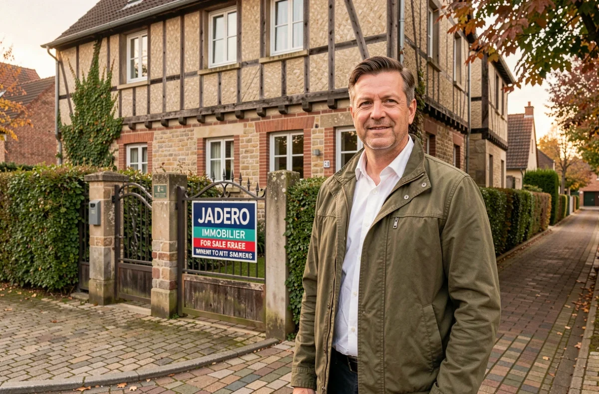 Agent immobilier de Jadero Immobilier devant une maison normande à vendre en Seine-Maritime avec panneau de l'agence sur le portail