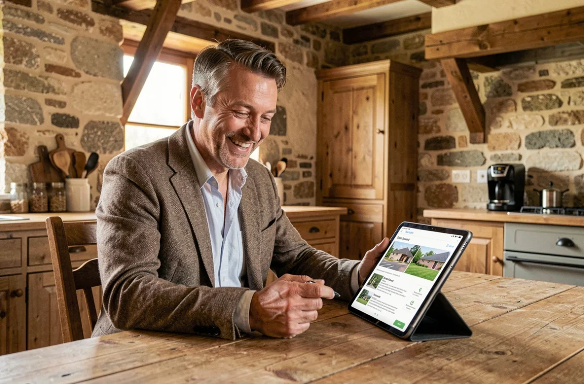 Jérôme Chalifour, conseiller Optimhome à Saint-Sauvant, examinant un dossier d'investissement locatif dans une maison de campagne rénovée avec murs en pierre