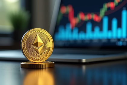 Pièce Ethereum dorée sur surface réfléchissante avec graphiques financiers