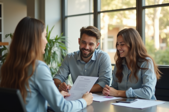 Jeune couple souriant avec conseiller bancaire dans une banque lumineuse