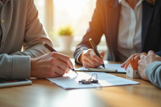 Jeune couple signant un contrat immobilier dans un bureau lumineux