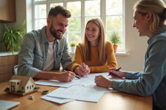 Jeune couple souriant avec conseiller immobilier et clés