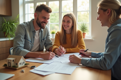 Jeune couple souriant avec conseiller immobilier et clés