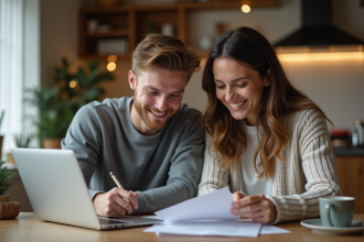 Jeune couple souriant à la cuisine avec documents et ordinateur