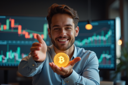 Jeune entrepreneur confiant avec pièce d or crypto