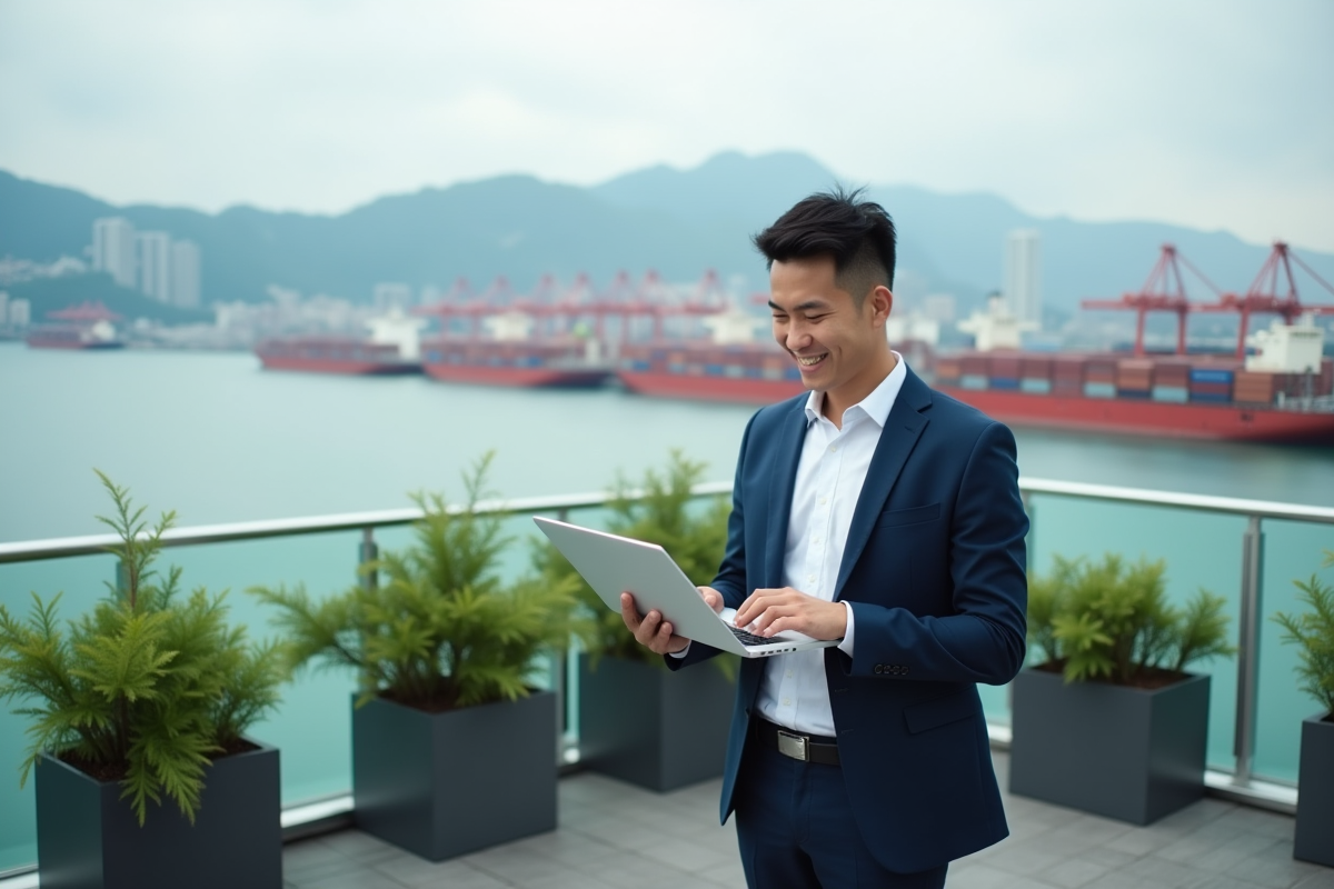 Jeune entrepreneur asiatique sur un rooftop avec vue sur le port international