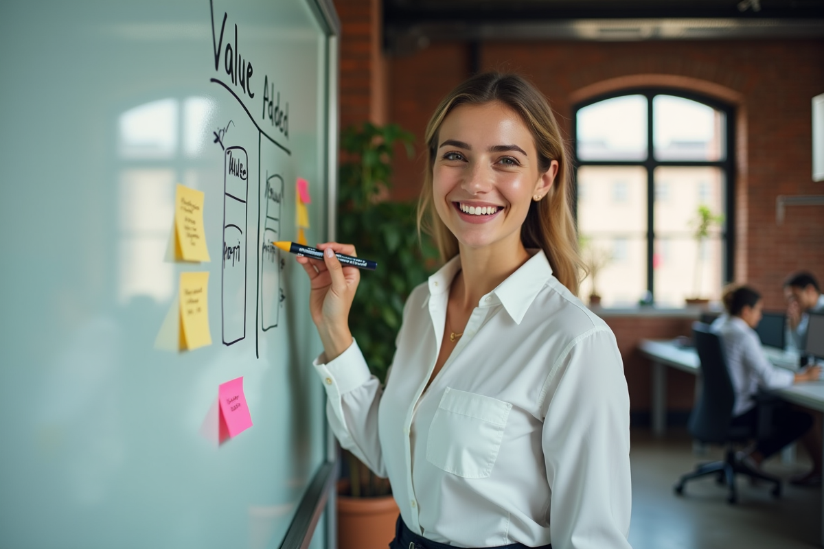 Jeune entrepreneure dessine des colonnes sur un tableau blanc dans un espace industriel
