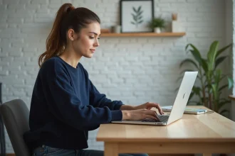 Jeune femme concentrée sur une application en ligne à son bureau