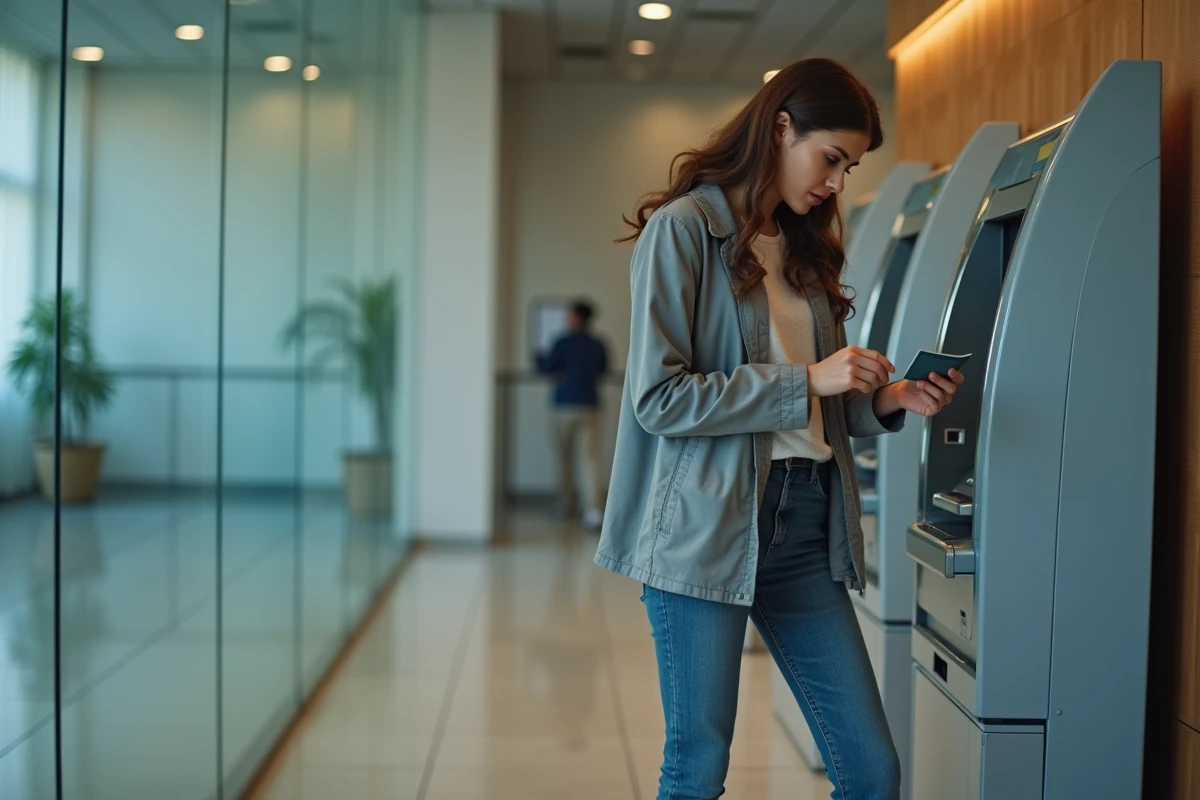 Jeune femme v&eacute;rifiant sa carte &agrave; un ATM int&eacute;rieur