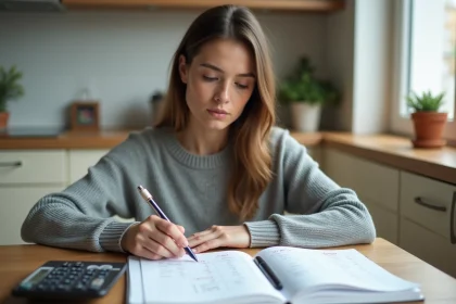Jeune femme calculant son budget logement et ses aides APL sur des documents papier à une table en bois dans un appartement modeste