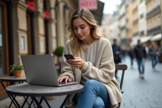 Jeune femme au café regardant son smartphone en ville