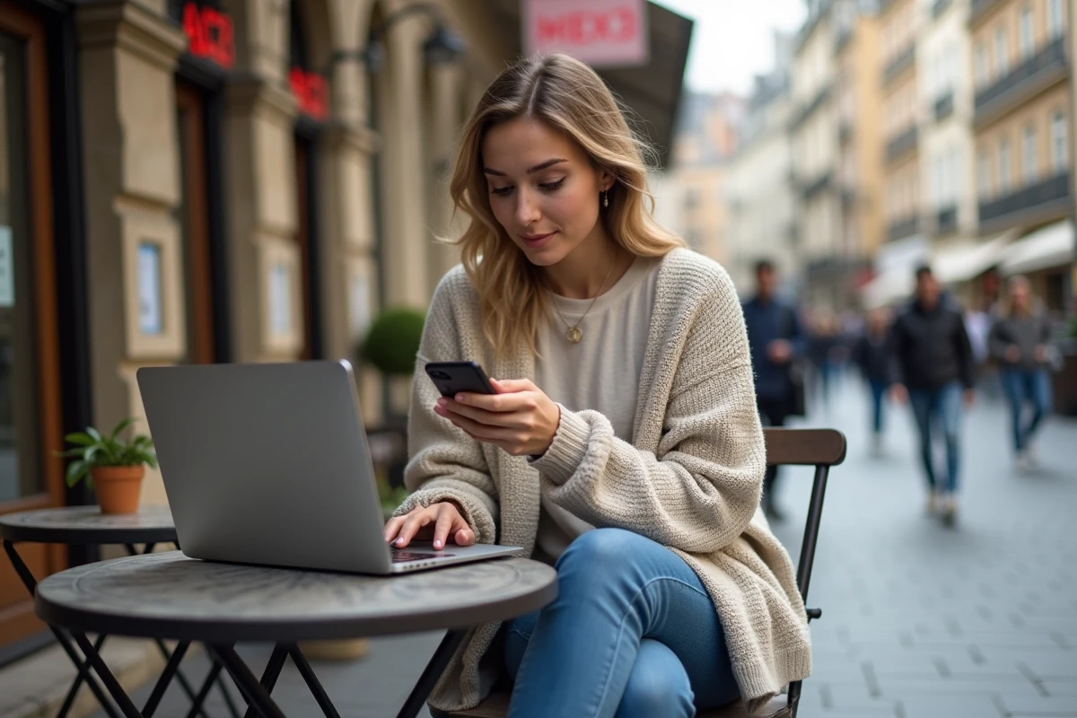 Jeune femme au café regardant son smartphone en ville