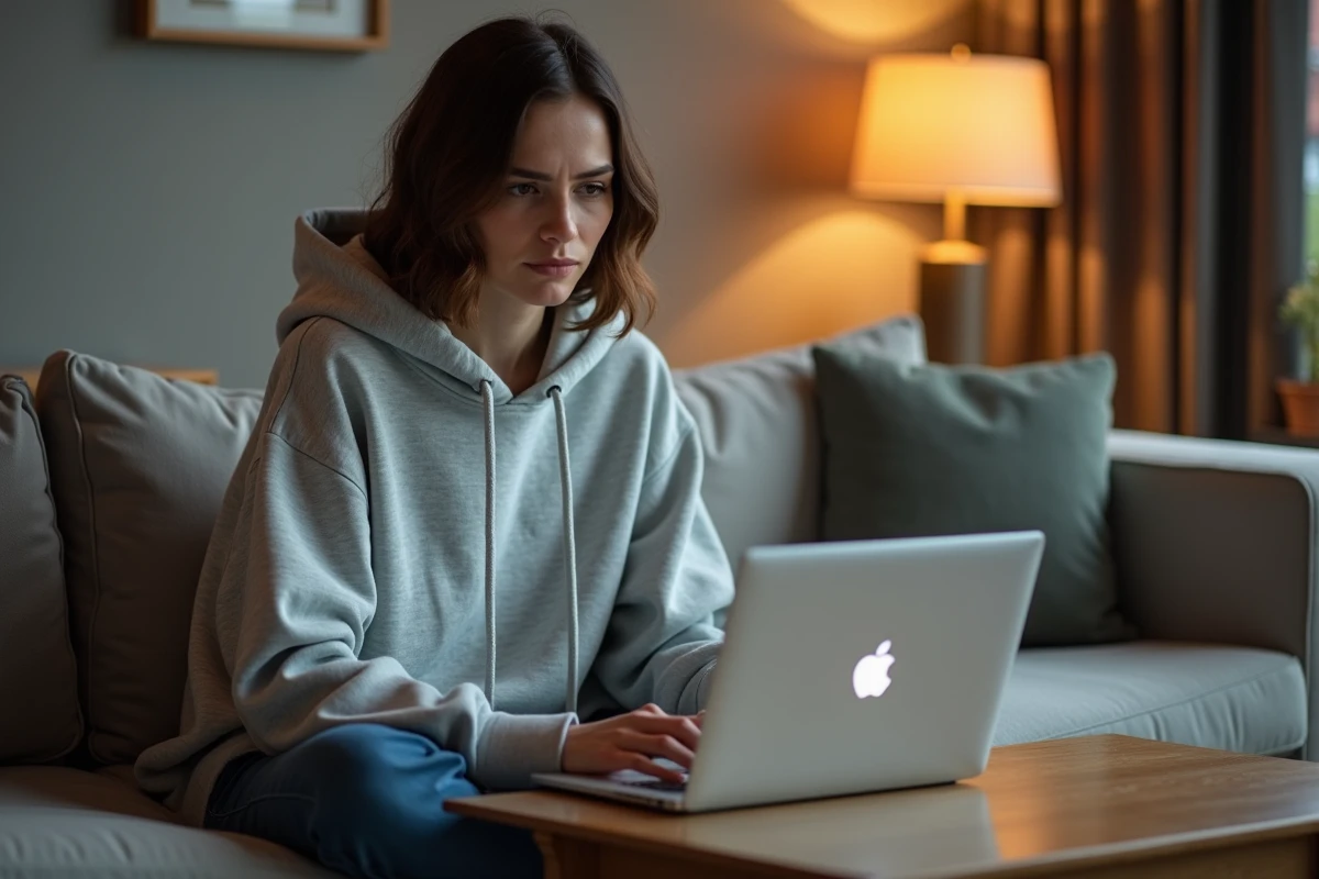 Jeune femme résolvant une erreur de mot de passe sur son compte Cyberplus depuis son salon à domicile