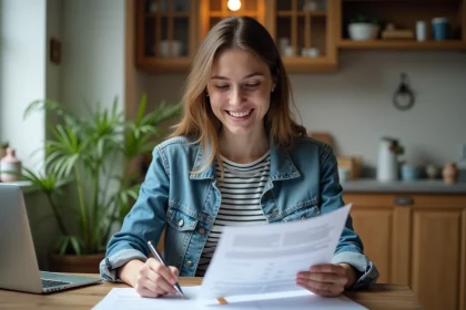 Jeune femme souriante avec documents de prêt à la maison