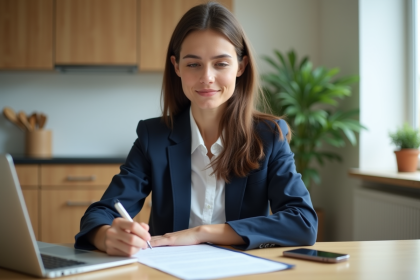 Jeune femme signant un contrat de location dans son appartement