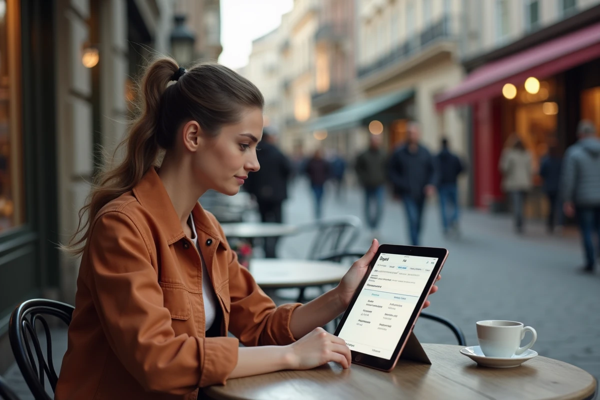 Jeune femme réalisant un virement PayPal sur tablette en terrasse de café