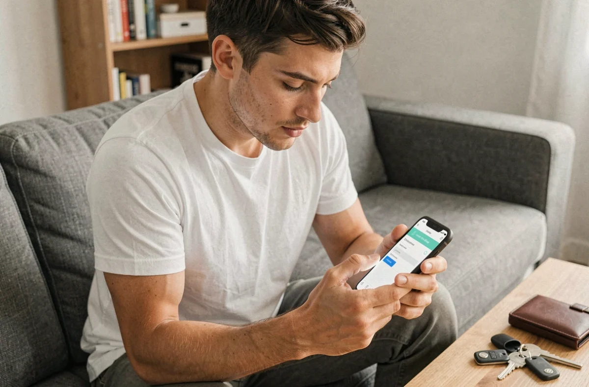 Jeune homme utilisant l'application mobile bancaire pour ajouter un bénéficiaire et réaliser un virement instantané
