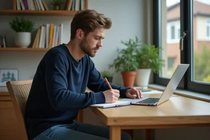 Jeune homme concentr&eacute; travaillant &agrave; son bureau &agrave; la maison