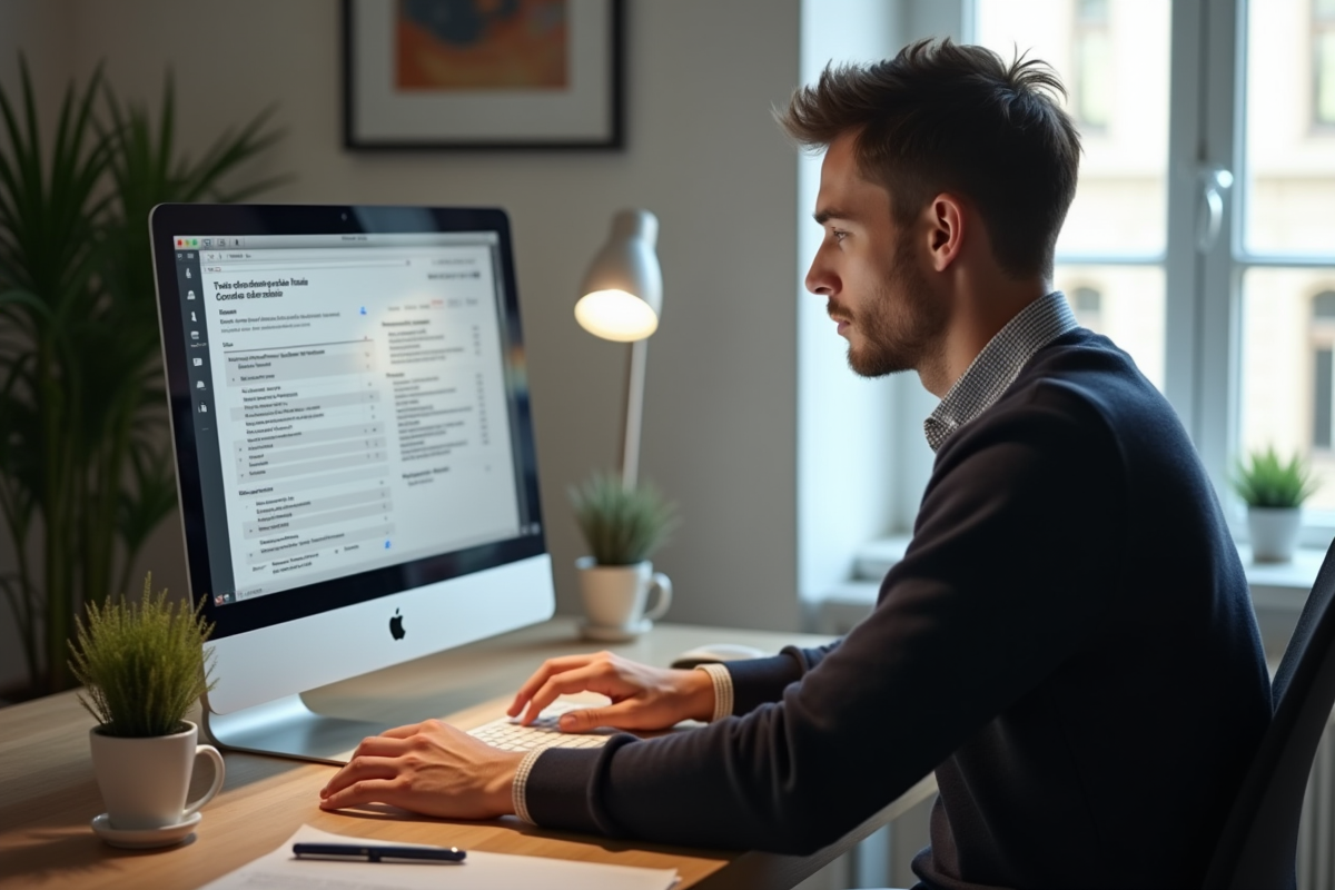 Jeune homme français vérifiant sa déclaration fiscale sur ordinateur