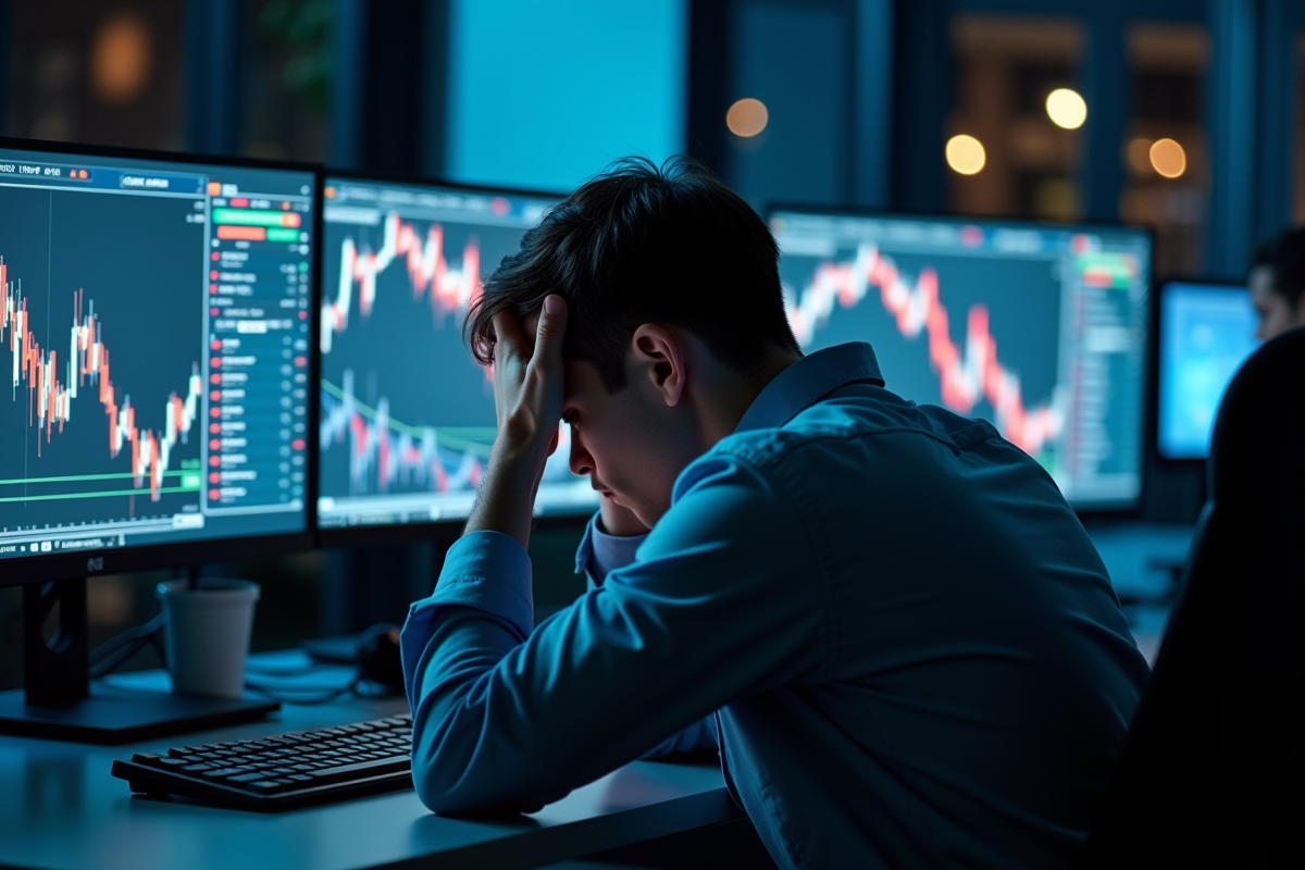 Jeune homme inquiet devant écrans de cryptomonnaies