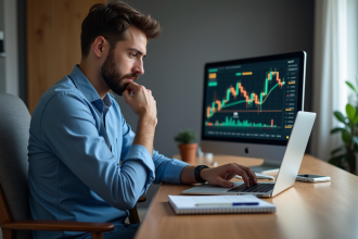 Jeune homme en bleu regardant son ordinateur portable