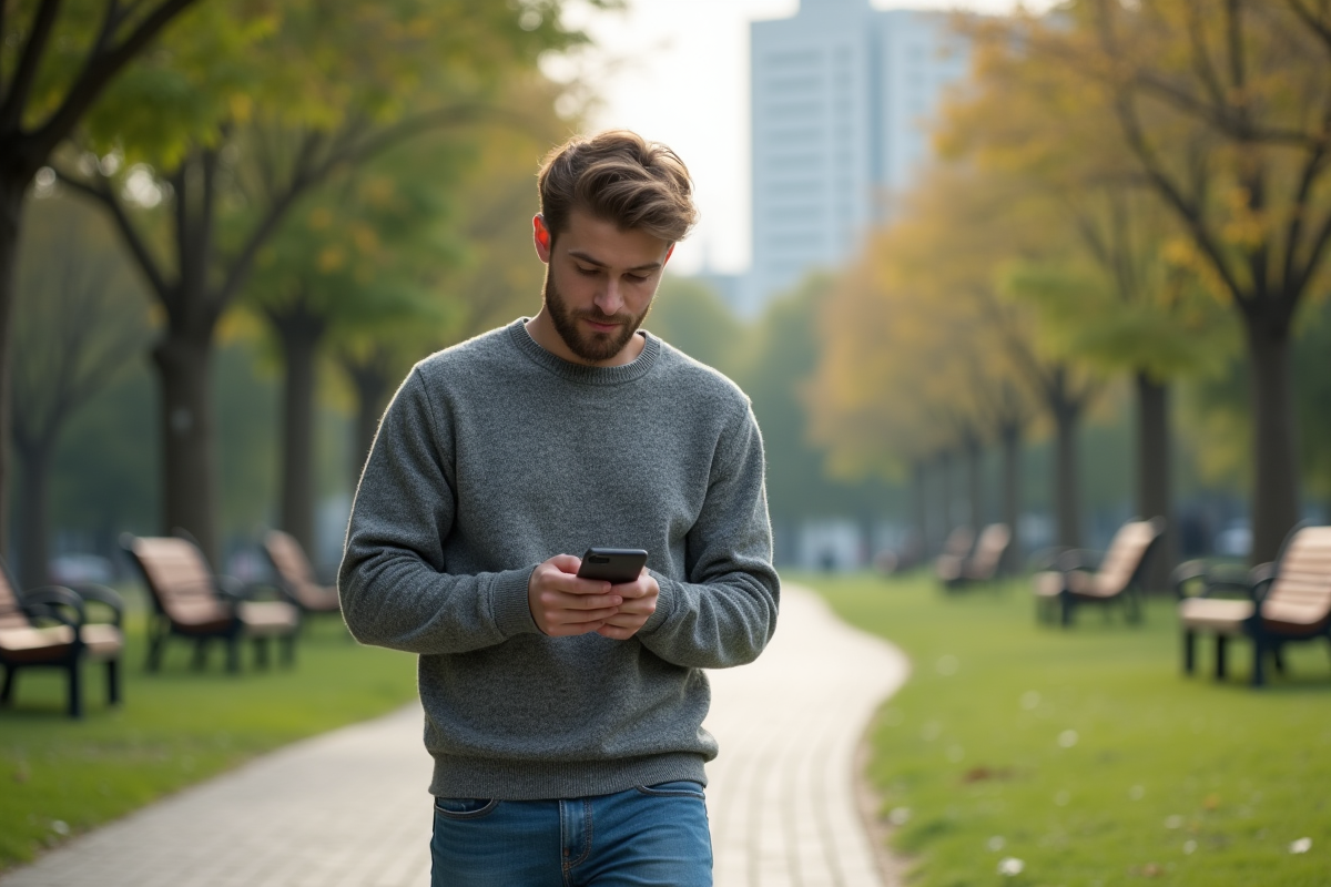 Jeune homme marche dans un parc urbain avec son téléphone