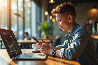 Jeune personne au café utilisant une appli crypto sur smartphone